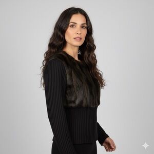 Joseph Ribkoff Black Cardigan Sweater With Faux Fur on Chest Full Zip Size 10